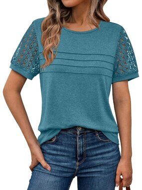 Women Blue Green Lace Short Sleeve Dressy Summer Casual Work Top Trendy T Shirt